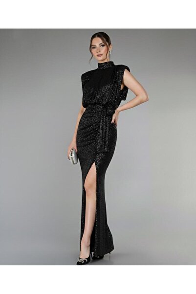 Lensia Rochie de seară cu paiete cu paiete și detaliu de guler vertical