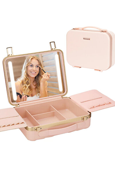 NiceLand Profesyonel Mega Boy Led Işıklı Aynalı Makyaj Çantası Metal - Pembe