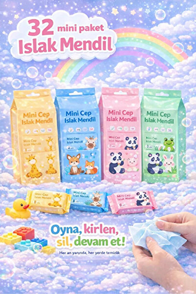 Tilbe Home 32 Adet Sevimli Figürlü Mini Islak Cep Mendili Panda Zebra Fil Zür...