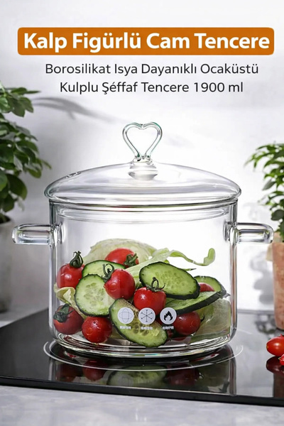 Tilbe Home 1900 ml Borosilicate Clear Pot with Handle - Heart Figured, Heat R...