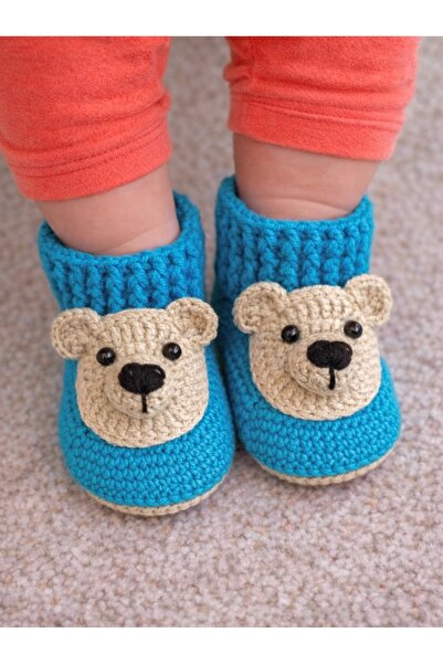 seraskids El Örgüsü Erkek Bebek Mavi Ayıcık Desenli Koton Kışlık Bot Patik | ...