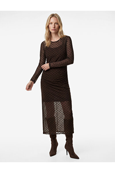 Koton Uzun Kollu Slim Fit Bisiklet Yaka Drapeli Puantiyeli Midi Tül Elbise