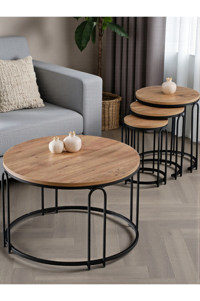 SEDAŞ LIVING UNITS Lenka Açık Ceviz Ahşap Zigon Orta Sehpa Takımı Yuvarlak Si...