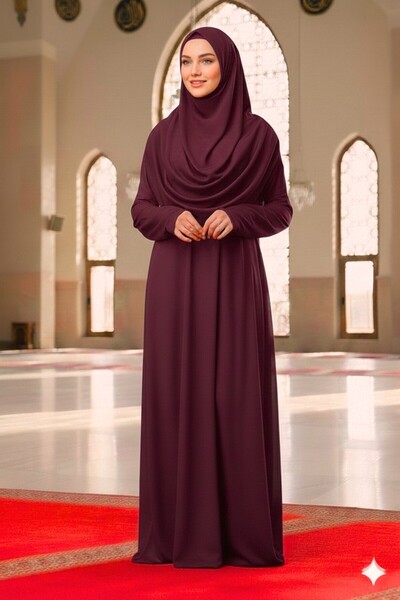 REY-VİA Kolay Giyilebilen Başörtülü Tek Parça Namaz Elbisesi Mürdüm