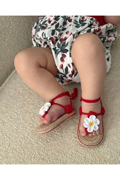 seraskids El Yapımı Örgü Kırmızı Çiçekli Kız Bebek Parmakarası Sandalet Patik