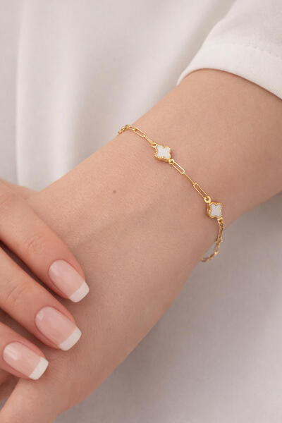 Bilezikci Beyaz Yonca 14 Ayar Altın Ataç Zincirli Bileklik