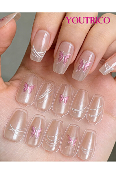 Youtrico أظافر صناعية متوسطة الطول للنساء، تصميم مرسوم يدويًا، فراشة، أحجار ا...
