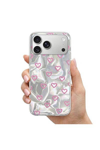 Zebana Apple iPhone 17 Pro Uyumlu Kılıf Pink Heart Silikon Kılıf Pembe