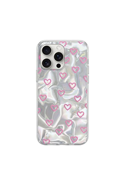 Zebana Apple iPhone 15 Pro Max Uyumlu Kılıf Zebana Pink Heart Silikon Kılıf P...