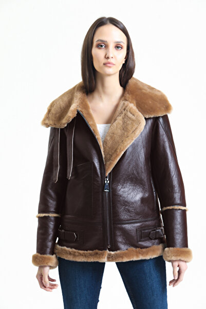 By Marki Marki Kadın Kahverengi Vintage Deri Mont, Kahverengi Kürklü, Balıkçı...