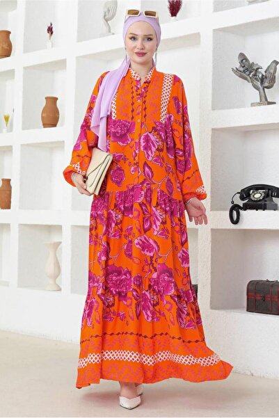 TRENDTESETTÜR KADIN TURUNCU (ORANJ) DESENLİ VİSKON ELBİSE T 8717