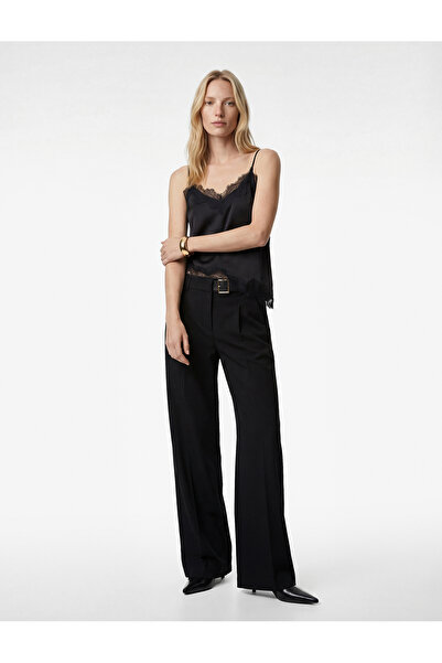 Koton Comfortable Fit Black Women's Trousers with Belt Detail 6Sak40158Uw