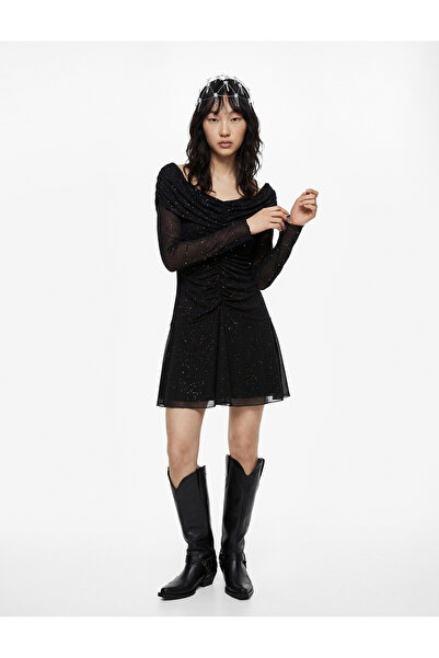 Koton Дълга рокля с падащи рамене, дълги ръкави, драпирана и с пайети от тюл