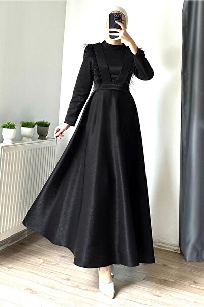 TRENDTESETTÜR KADIN SİYAH TÜYLÜ KEMERLİ ELBİSE T 9695