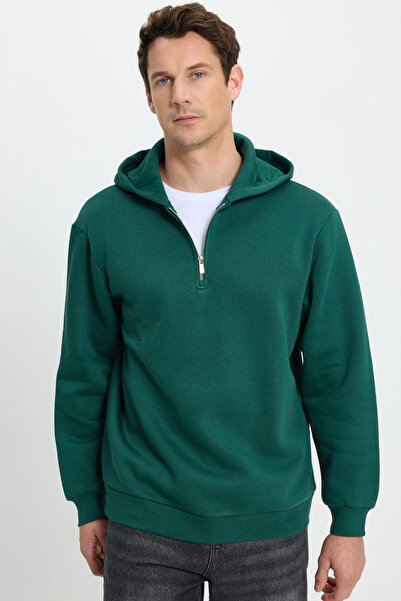 Tudors Unisex Relax Fit Relax Cut Cotton Fleece Inside Half Zipper Khaki Hood...