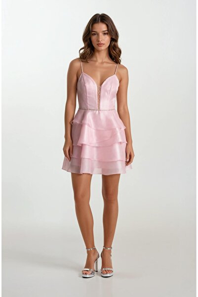 Spazio İsolda Taşlı Askılı V Yaka Katkat Bel Taş Detaylı Kısa Abiye Elbise PUDRA