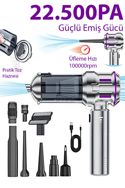Dybox 22500pa Güçlü Portatif Vakumlu Kablosuz Üflemeli Mini Araç Süpürgesi