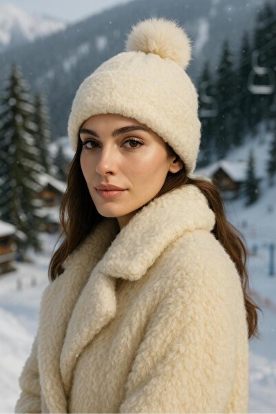 Luminos Butik Beige Imported Wool Beret with Pompom Bere1136