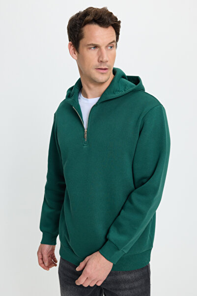 Tudors Unisex Relax Fit Rahat Kesim Pamuklu İçi Polarlı Yarım Fermuarlı Haki ...