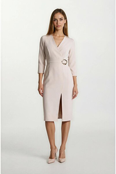 Spazio Ormea Kruvaze Belinde Toka Detaylı Yırtmaçlı Elbise TAŞ