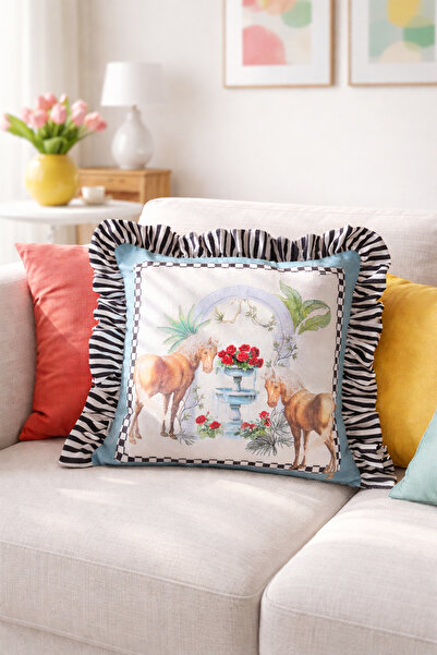 RİTMOHOME At Desenli Fırfırlı Vintage, Country, Iskandinav, Bohem 50x50 Dekor...