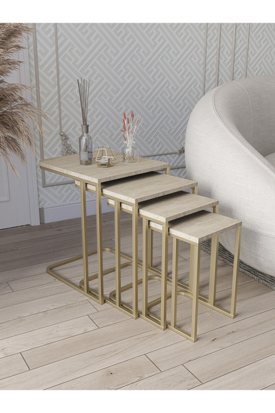 Dekoport Koltuk Altı Sehpası TEKERSİZ Zigon 4 lü Zigon Sehpa Takımı Mat Gold ...