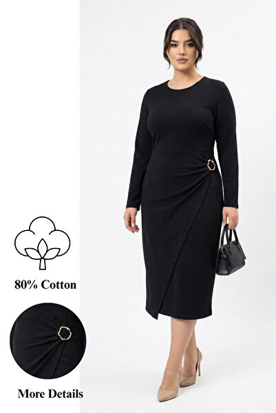 Koza Butik Kadın Büyük Beden Uzun Kollu Önü Tokalı İki İplik Penye Kumaş Elbi...