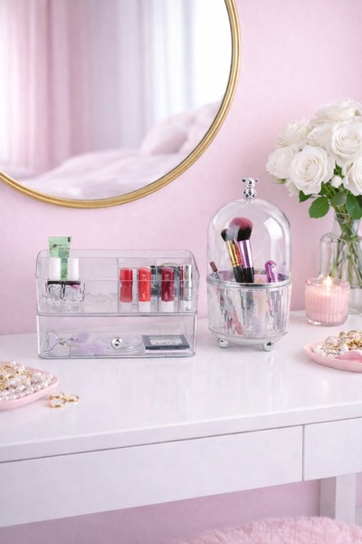 decorev Set de 2 organizatoare de machiaj din acril transparent cu capac – Or...