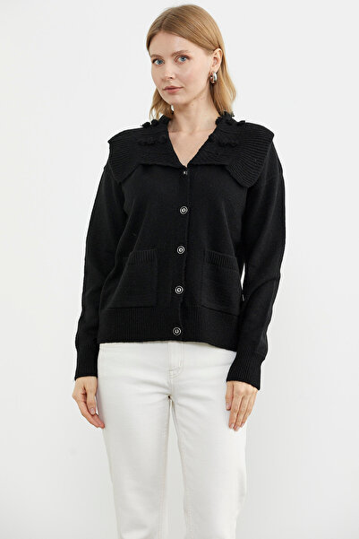 Sementa Cardigan pentru tricotaje cu buzunar cu guler lat - negru