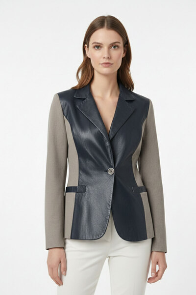 Deriderim İndigo Jane Blazer Kumaş Garnili Kadın Hakiki Deri Ceket