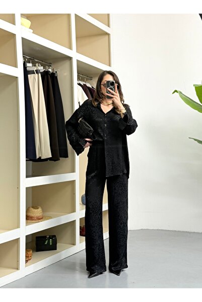 R-Style Saten Leopar Desenli Takım