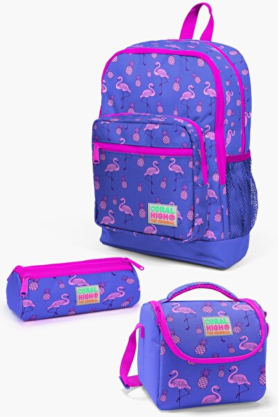 Coral High Set de geanți de școală 3 piese cu model flamingo roz lavandă pent...
