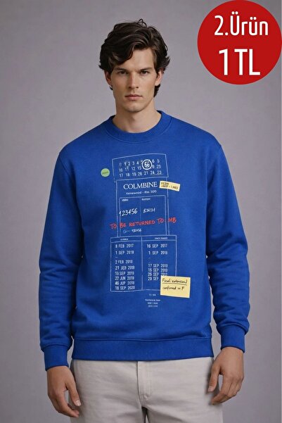 COMBİNE MİCHAİL سويت شيرت رجالي فضفاض من الأمام مطبوع باللون الأزرق