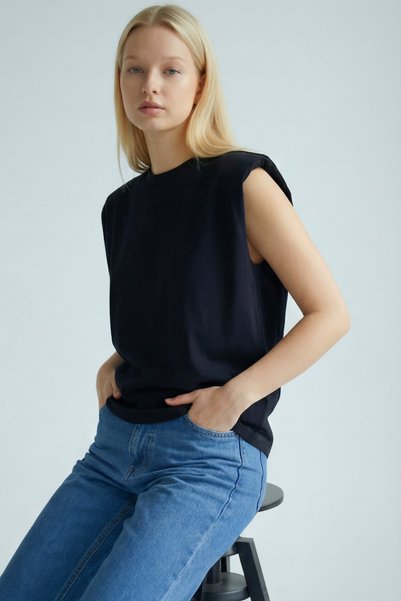 poupee Black Padded Sleeveless Combed Cotton Women's Blouse, Sleeveless T-Shirt, Women's T-Shirt, Padded T-Shirt, Knitted T-Shirt