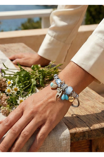 Duke Nickle Cat Figure Bracelet - Beaded and Stone Detailed, Adjustable Steel...