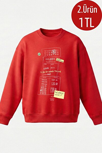 COMBİNE MİCHAİL سويت شيرت رجالي مطبوع قصة فضفاضة باللون الأحمر
