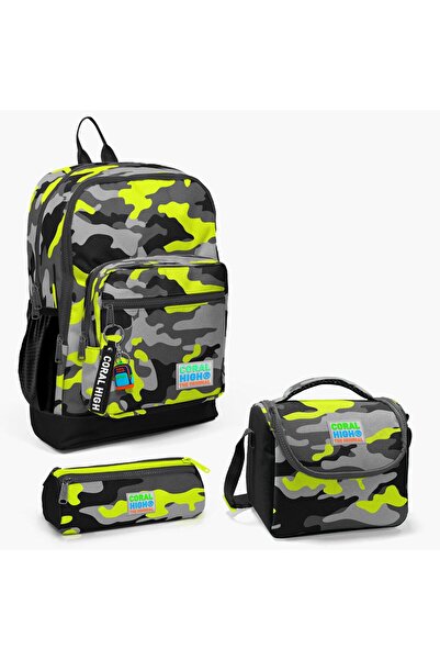 Coral High Set de 3 genți de școală pentru copii, negru, gri, cu model de cam...