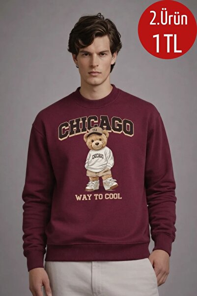 COMBİNE MİCHAİL Erkek CHICAGO Ayıcık Baskı Bordo Sweatshirt
