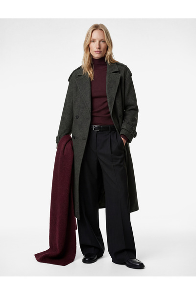 Koton Double-Breasted Lapel Long Sleeve Pocket Belted Long Cashmere Coat