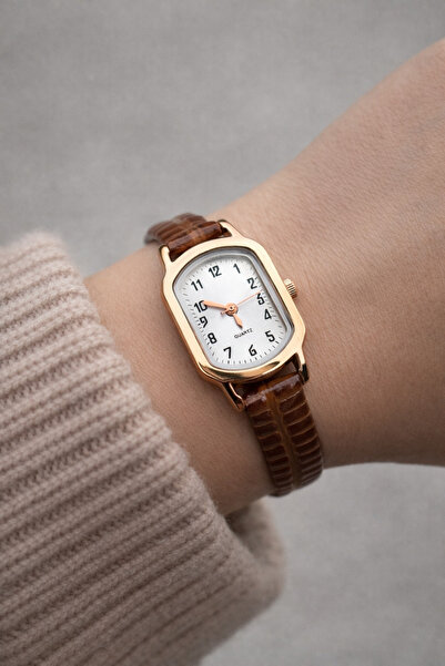 Sobce Retro Minimal Deri Kahve Kordon Kadın Kol Saat