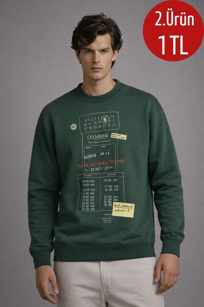 COMBİNE MİCHAİL Erkek Salaş Ön Baskılı Koyu Yeşil Sweatshirt