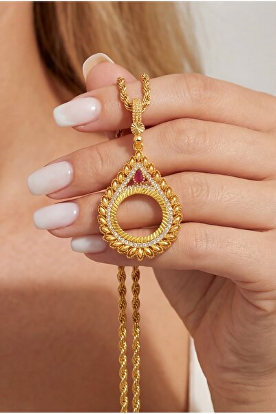 FerizZ Yarım Altın Çerçeveli Kolye Ucu Altın Kaplama İşlemeli TGR-646