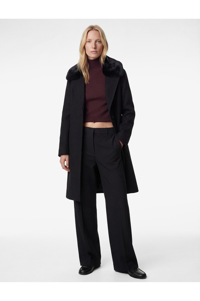 Koton Long Sleeve Buttoned Pocketed Detachable Faux Fur Cashmere Coat