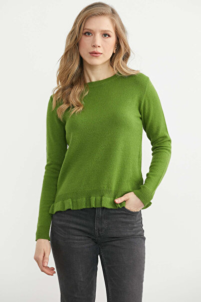 Sementa Pulover din lână cu decolteu în formă de O și detaliu cu volane - Verde