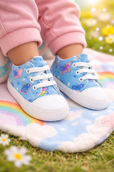 Kiçi First Step Blue Butterfly Patterned Lace-Up Comfortable Sole Shoes