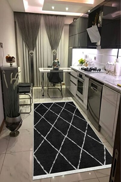 VOPTEKS Siyah Mutfak halısı Makinede Yıkanabilir Halı Kaymaz Taban Halı