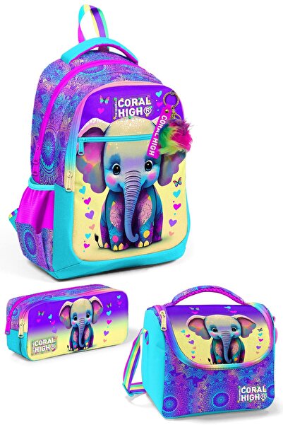 Coral High Set de 3 ghiozdane pentru copii cu model elefant turcoaz roz - SET...