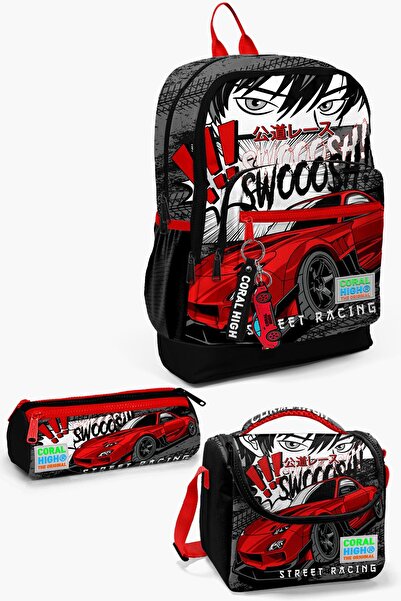 Coral High Kids Black Red Anime Car Patterned 3-Piece School Bag Set SET0123747