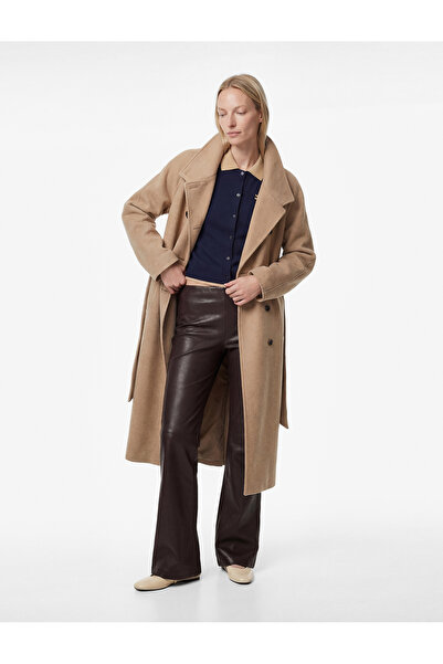 Koton Long Sleeve Pocketed Double-Breasted Mock Neck Belted Long Cashmere Coat