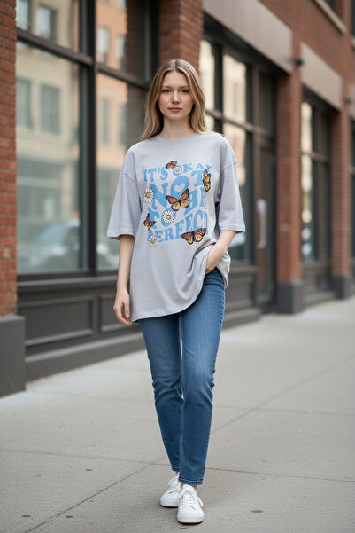 AHMERA Gray Unisex Oversize Crew Neck Printed No2 Basic T-Shirt